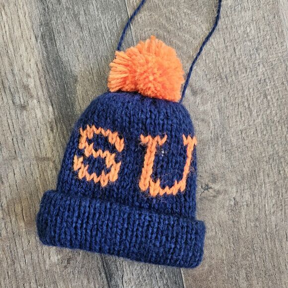 Hand-knitted Syracuse University Beanie CHRISTMAS ornament Blue & Orange. EUC - Picture 2 of 6